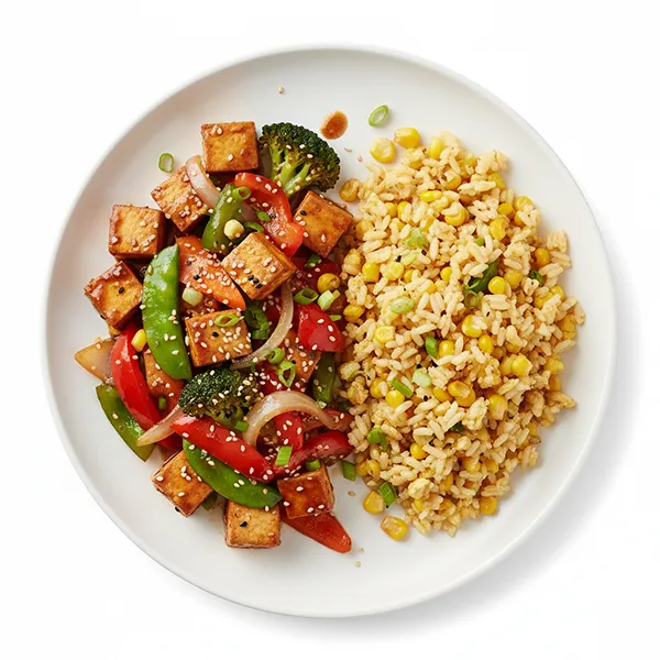 Korean Tofu And Vegetable Stir Fry With Garlic Corn Fried Rice